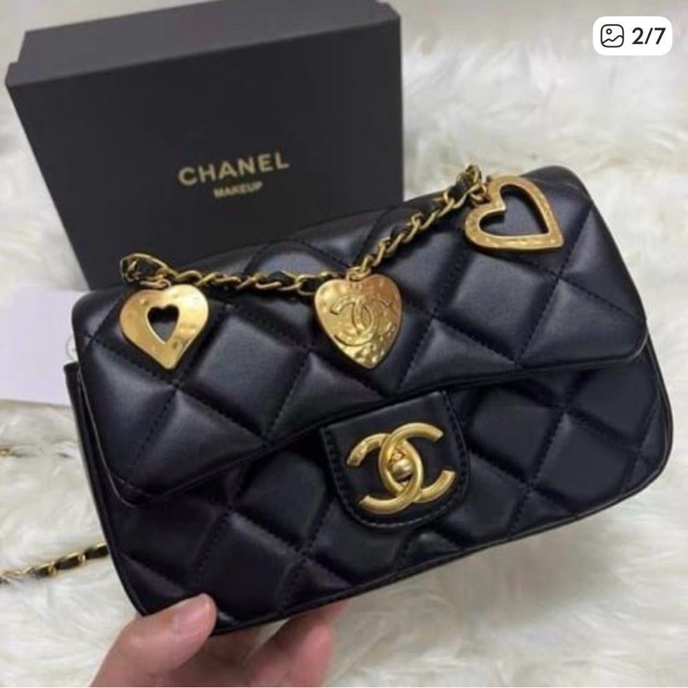 New Novelty CC Mini Heart Charms Flap Shoulder Bag Black Quilted